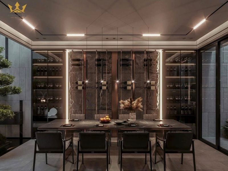 Phòng ăn kết hợp tủ rượu có đèn led