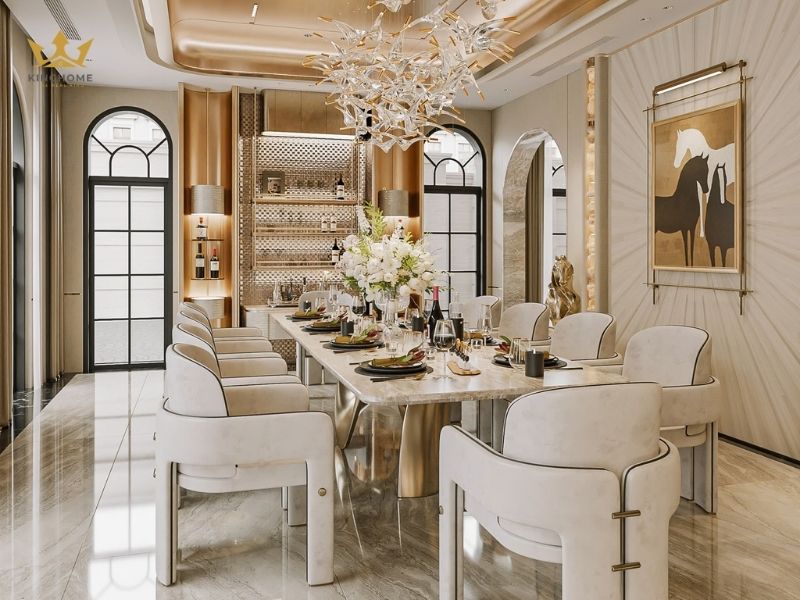 Bàn ăn và đèn chùm được thi công tỉ mỉ 
