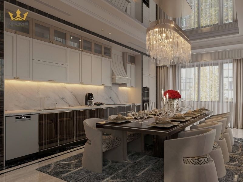 Không gian bếp liền kề với bàn ăn 
