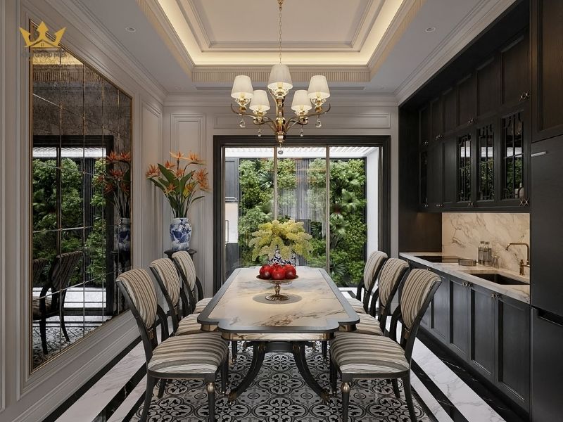 Phòng bếp mở với không gian tiểu cảnh bên ngoài 