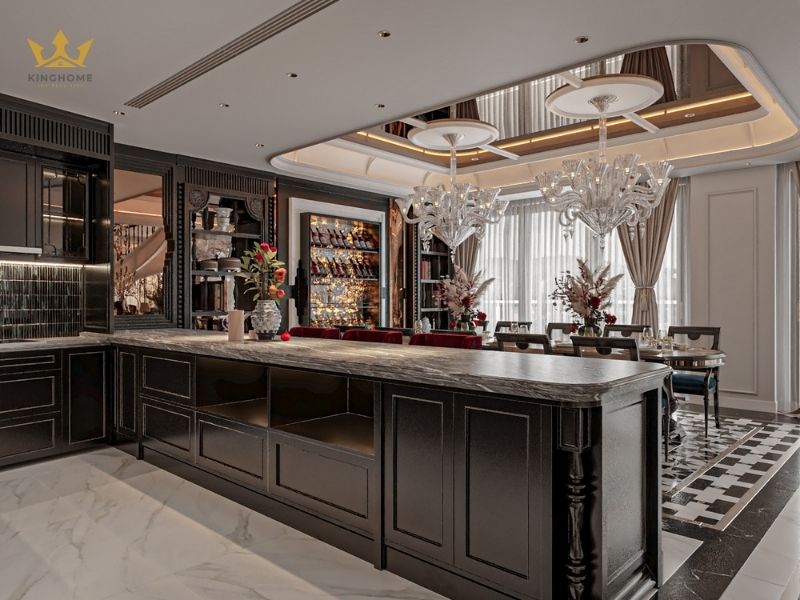 Thi công nội thất bếp cho nhà phố Vinhomes phong cách Đông Dương 