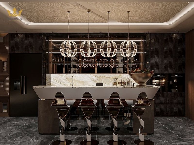 Không gian phòng bếp có quầy bar sang trọng